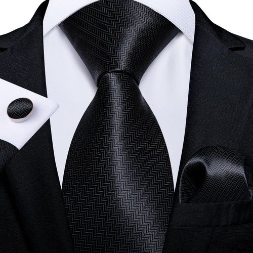 product_image_name-Fashion-Black Solid Necktie with Handkerchief and Cufflinks Set-2
