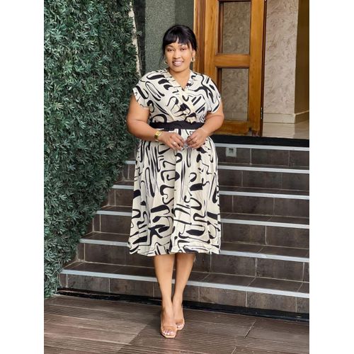 product_image_name-Fashion-Ladies Mid Length Skater Dress-Beige& Black-1