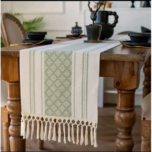 product_image_name-Generic-Braided woven textured table runner with tassels + 6pcs mats - SAGE GREEN-1