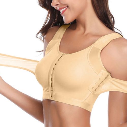 Post-Surgery Front Closure Bra for Women Posture Corrector Compression  Shapewear Tops with Breast Support Band(Beige Large)