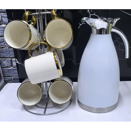 product_image_name-Generic-Ceramic Tea Set Combo – 6 White Mugs with 2L Flask-1