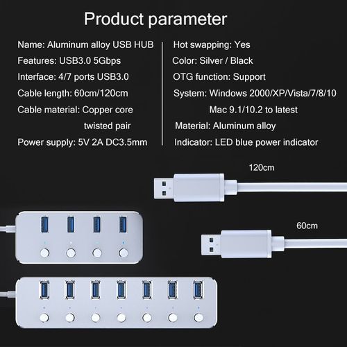 Generic Aluminum 7-Port Usb 3.0 Hub 60 120cm Cable USB Hubs