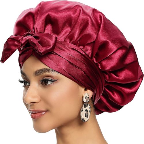 product_image_name-Fashion-Adjustable Satin Hair Bonnet For Women – Large Smooth Silk Sleep Cap With Tie Band For Natural Hair, Braids, Dreadlocks, And Curly Hair Protection At Night - Maroon-1