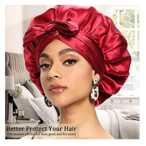 product_image_name-Fashion-Adjustable Satin Hair Bonnet For Women – Large Smooth Silk Sleep Cap With Tie Band For Natural Hair, Braids, Dreadlocks, And Curly Hair Protection At Night - Maroon-2