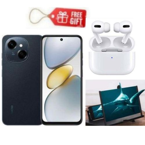 product_image_name-Tecno-POP 10 Pro 120Hz 6.67'' 128GB ROM+4GB RAM +(4GB Extended),13MP Camera,  6000mAh Fast Charging Battery - Black + Airpods & Magnifier -1
