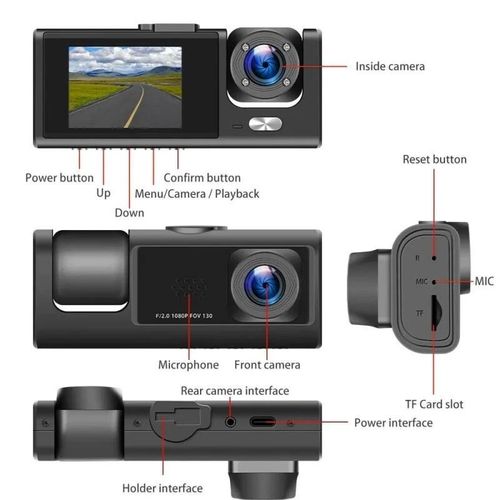 HD 1080P Dual Lens Dash Cam – Front/Rear/Inside Video Recorder with G-Sensor