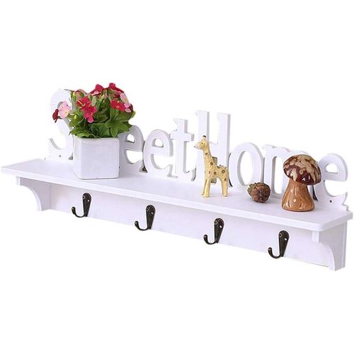 product_image_name-Generic-Sweet Home White PVC Wood Wall Mounted Key Holder and Floating Storage Shelf Rack with 4 Hooks for Entryway, Bathroom, and Home Decor-2