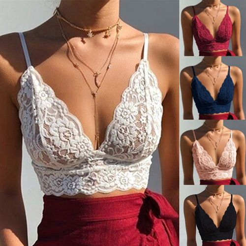 Women Fashion Deep V Neck Floral Lace Bra Spaghetti Straps