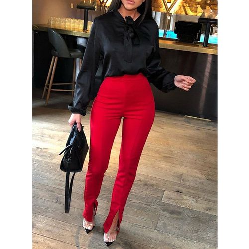 Fashion (Red)Women Front Slit Pencil Pants Solid Color High Waist Elegant  Casual Office Ladies Tight Trousers Workwear Black White Red WEF @ Best  Price Online