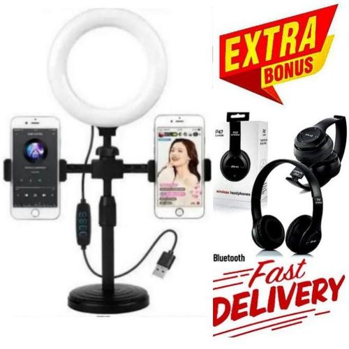 product_image_name-Generic-LED Ring Light with Stand for YouTube & TikTok – USB Powered Dimmable Light + Bluetooth Headphones-1