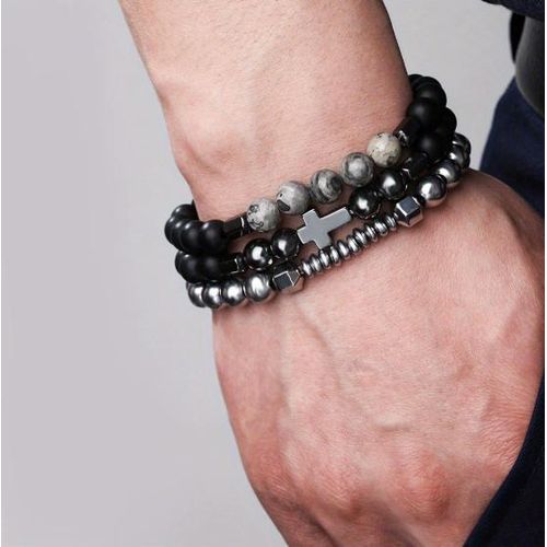 product_image_name-Fashion-3Pcs Personalised Multi-coloured Round Beads Cross Beaded Bracelet Men's Retro Multi-layer Bracelet Holiday Party Accessories-2