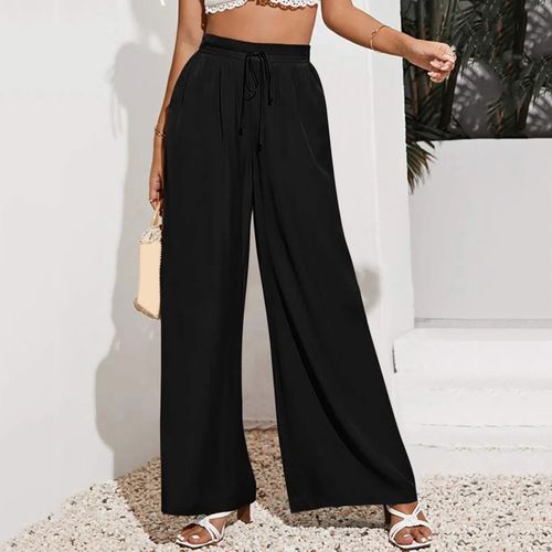 Women Solid Elastic Waist Drawstring Loose Trousers Casual Wide
