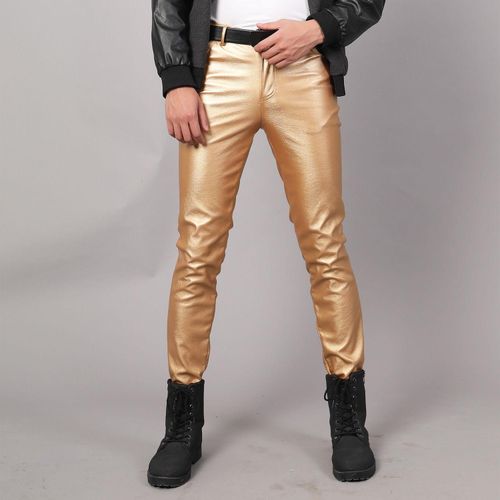 High Quality New Fashion Men Elastic Waist Leather Pants Black PU