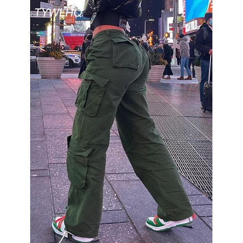 Army Green Cargo Pants Baggy Jeans Women Fashion Streetwear Pockets  Straight High Waist Casual Vintage Denim Trousers Overalls - Pants & Capris  - AliExpress