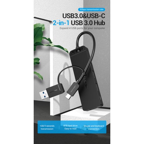 USB3.0 & Type-C 2-in-1 Interface to 4-Port USB 3.0 Hub