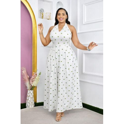 Fashion Women's Halter Maxi Dress - White & Green Heart