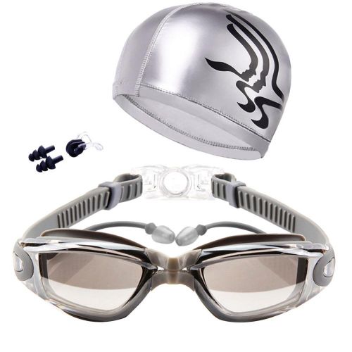 Set UV Anti-Fog Swimming Goggles Swim Cap Ear Plug Nose Clip for Adult Men  Women