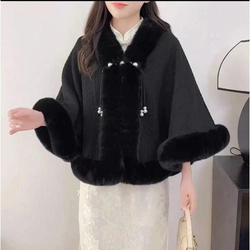 product_image_name-Fashion-Elegant Faux Fur Shawl Cape with Pearl Buttons - Thick Plush Collar, Versatile Warmth for Winter-1
