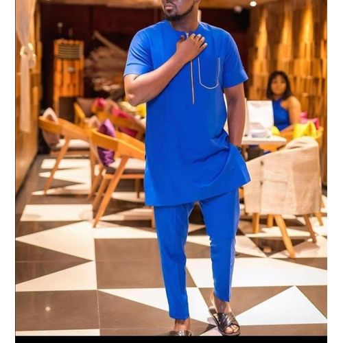 product_image_name-Fashion-2-Piece Embroidery Suit/short Sleeved Shirt Blue-1