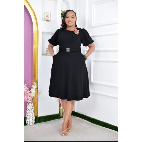 Fashion Women's Black Cotton Skater Dress with Belt &