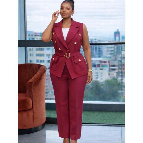 product_image_name-Suit-Elegant Women’s Sleeveless Blazer & Trouser Set – Maroon -1