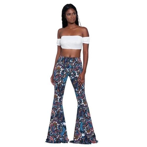 Women High Waist Floral Bell-bottom Denim Jeans Flared Trousers