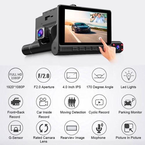 3 Channel Dash Cam Front and Rear Inside,1080P Full HD 170 Deg Wide Angle  Dashboard Camera,2.0 inch IPS Screen,Built in IR Night Vision,G-Sensor,Loop