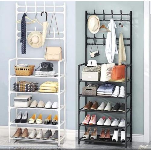 product_image_name-Generic-Multifunctional 5 Tier Shoe Rack Organizer with Coat & Hat Rack (8 Hooks) – Black & White-1