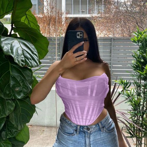 Fashion (Lavender)NewAsia Boning Mesh Corset Tops Women Slash Neck