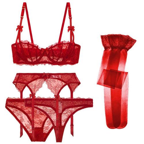 Varsbaby Dark Red Lace Half Cup Lace Panty Bra Set Sexy And