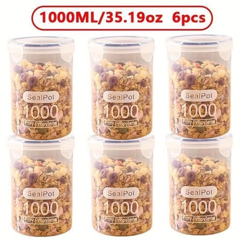 product_image_name-Generic-6pcs 1000ml/35oz Grain Sealable Jars with Lids, Transparent Plastic Storage Containers, Suitable for Kitchen Organization, Refrigerator Replacement Storage Boxes-1