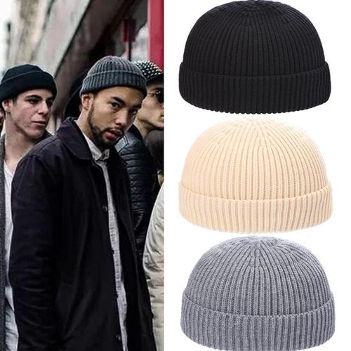 Generic Solid Color Warm Knitted Brimless Hat Men Beanies Winter