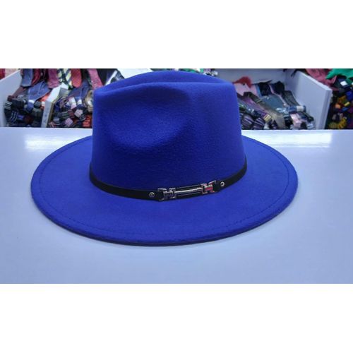 product_image_name-Fashion-Men’s Royal Blue Wide-Brim Fedora Hat with Structured Crown and Double-Bar Metallic Clasp – Bold Black Band Accent – Statement Formal & Casual Accessory-1
