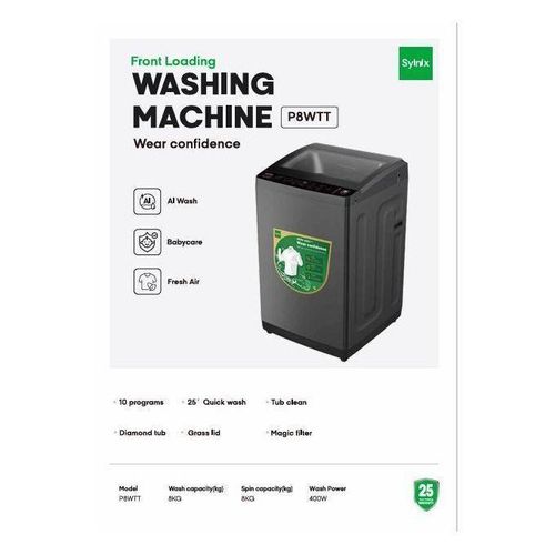 Syinix 8kg Top Load Automatic Washing Machine - Energy Efficient, 10 Wash Programs