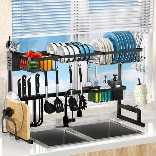 product_image_name-Generic-Hot Sale Over The Sink Dish Drying Rack Adjustable (25.6"-33.5"), 2 Tier Stainless Steel Dish Rack Drainer, Large Dish Rack Over Sink For Kitchen Counter Organizer Storage Space Saver With Utility Hooks-1