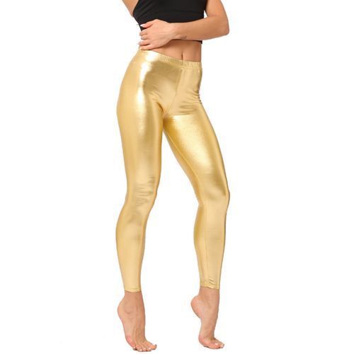 Fashion (Gold)Women Metallic Faux Leather Shiny Leggings Ladies