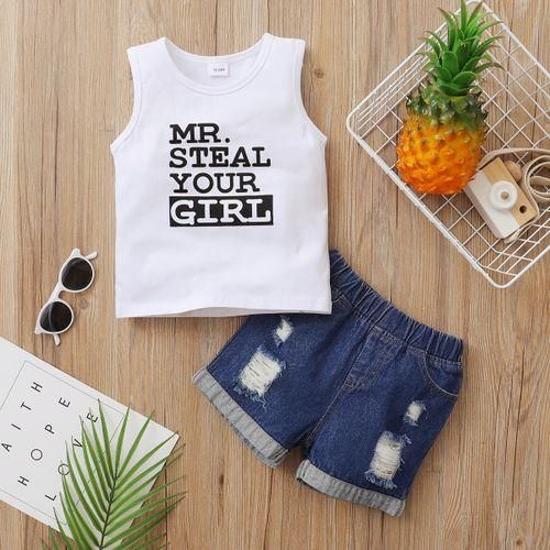Fashion Kids Boys Summer Outfit Letter Print White Tank Tops Ripped ...