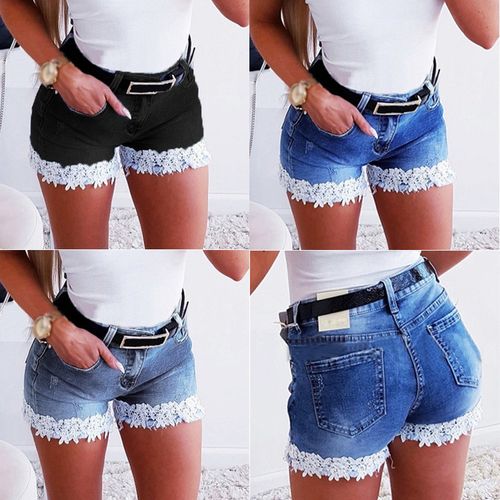 Fashion Light Blue Women Slim Denim Shorts Stretch Lace Stitching