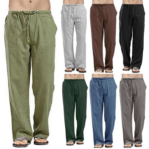 Men's Summer Beach Loose Cotton Linen Pants Yoga Drawstring Elasticated  Trousers