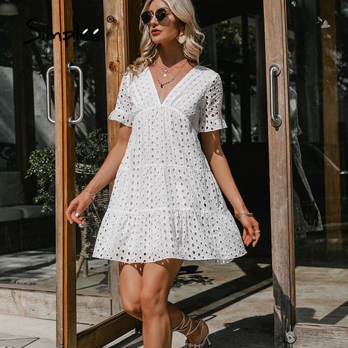 Elegant Lace Stitching Short Dress Women Summer Casual White