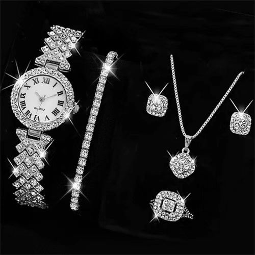 Fashion 5PCS Watch Ring Necklace Earrings Water Diamond Bracelet Set @ Best  Price Online