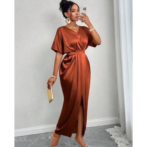 Fashion Burnt brown satin slit dress @ Best Price Online