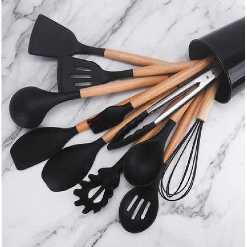 12Pcs/Set Wooden Handle Silicone Kitchen Utensils With Storage Bucket High  Temperature Resistant And Non Stick Pot Spatula Spoon