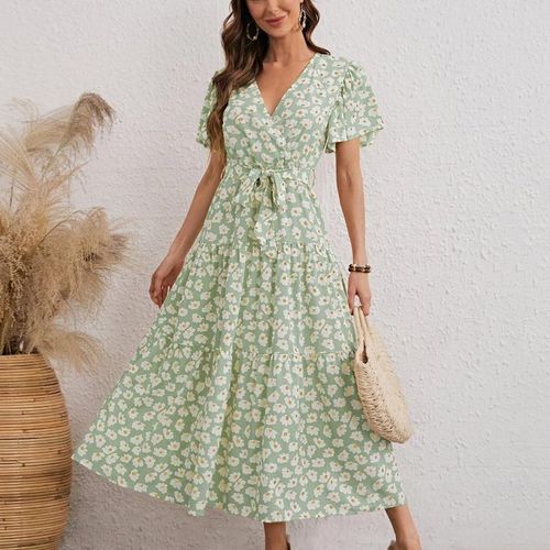 Generic Summer Casual Floral Printed Long Maxi Dress Women Butterfly Short  Sleeve Dress Female A Line Dresses With Sashes @ Best Price Online