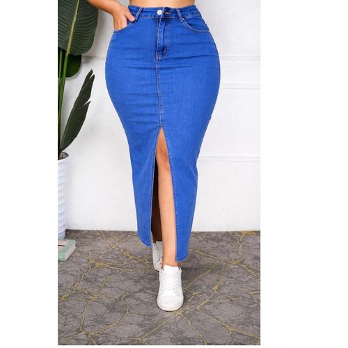 Elegant High-Waist Stretch Denim Pencil Skirt with Front Slit – Sculpting Bodycon Fit