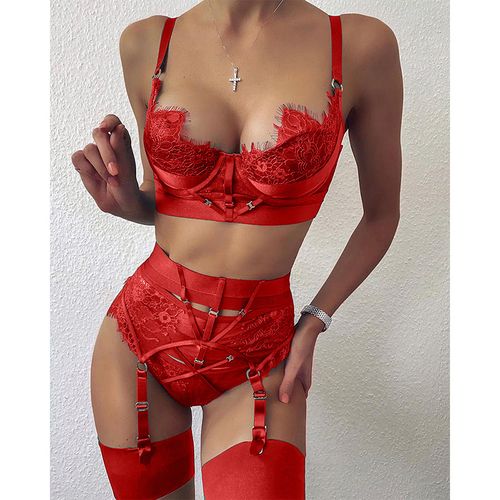 Exotic Lace Bandage Cut Out Bra And Panties Set Back For Women