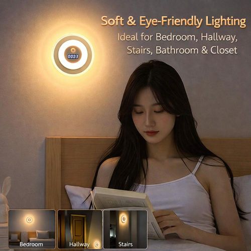 product_image_name-TIMBUTUS-Smart Motion Sensor LED Night Light with Digital Clock, Remote Control, Stepless Dimming & 3 Light Modes – USB Rechargeable Wall Lamp-4