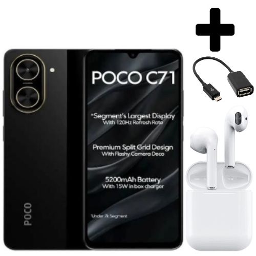 product_image_name-Poco-C71 6.88", 64GB ROM + 3GB RAM, 4G, Dual SIM, Fingerprint, 5200mAh Battery - Black+Earpods+Otg-1