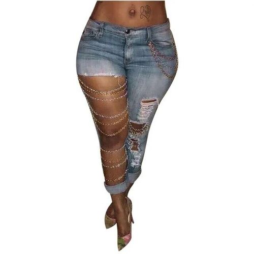 16 Jeans Ladies Ripped Jeans Light Slim Chain Big Hole Denim Pants