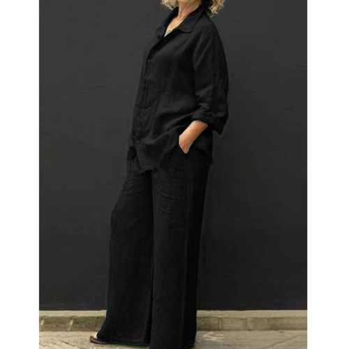 Fashion (Black)Cotton Linen Suits Women Elegant Solid Long Sleeve Shirts  Wide Leg Trousers Two Piece Sets Female Casual Straight Urban Sets XXA @  Best Price Online